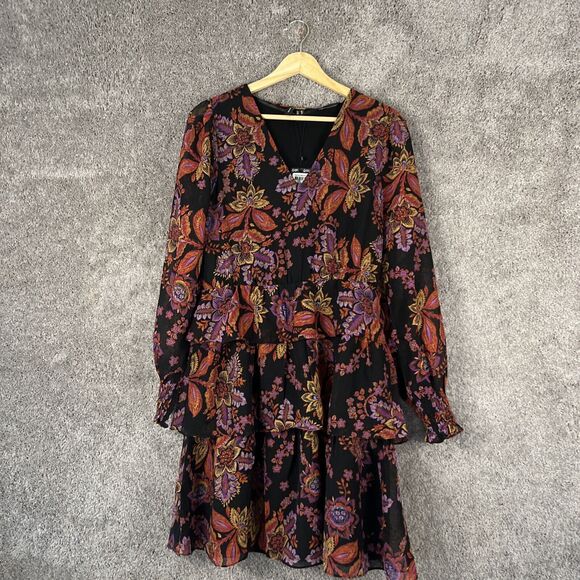 Vero Moda Stitch Fix Dress Womens Medium Black Floral Long Sleeve Tiered Lined - Picture 1 of 13